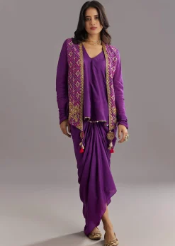 Purple Russian Silk Jacket Set With Zardosi Border and Fancy Pleated Skirt