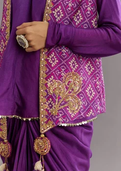 Purple Russian Silk Jacket Set With Zardosi Border and Fancy Pleated Skirt