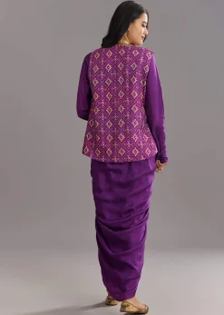 Purple Russian Silk Jacket Set With Zardosi Border and Fancy Pleated Skirt