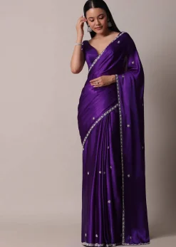 Purple Satin Chinon Saree With Stone Embellishments And Unstitched Blouse Piece