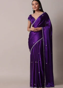 Purple Satin Chinon Saree With Stone Embellishments And Unstitched Blouse Piece