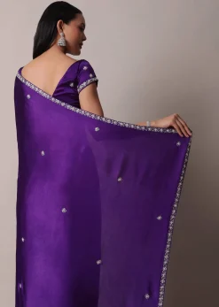 Purple Satin Chinon Saree With Stone Embellishments And Unstitched Blouse Piece