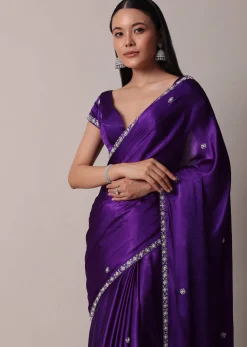 Purple Satin Chinon Saree With Stone Embellishments And Unstitched Blouse Piece