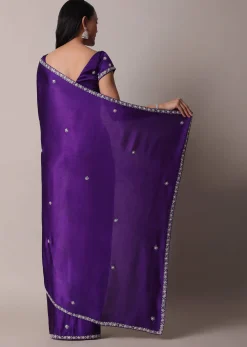 Purple Satin Chinon Saree With Stone Embellishments And Unstitched Blouse Piece