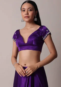 Purple Satin Chinon Saree With Stone Embellishments And Unstitched Blouse Piece