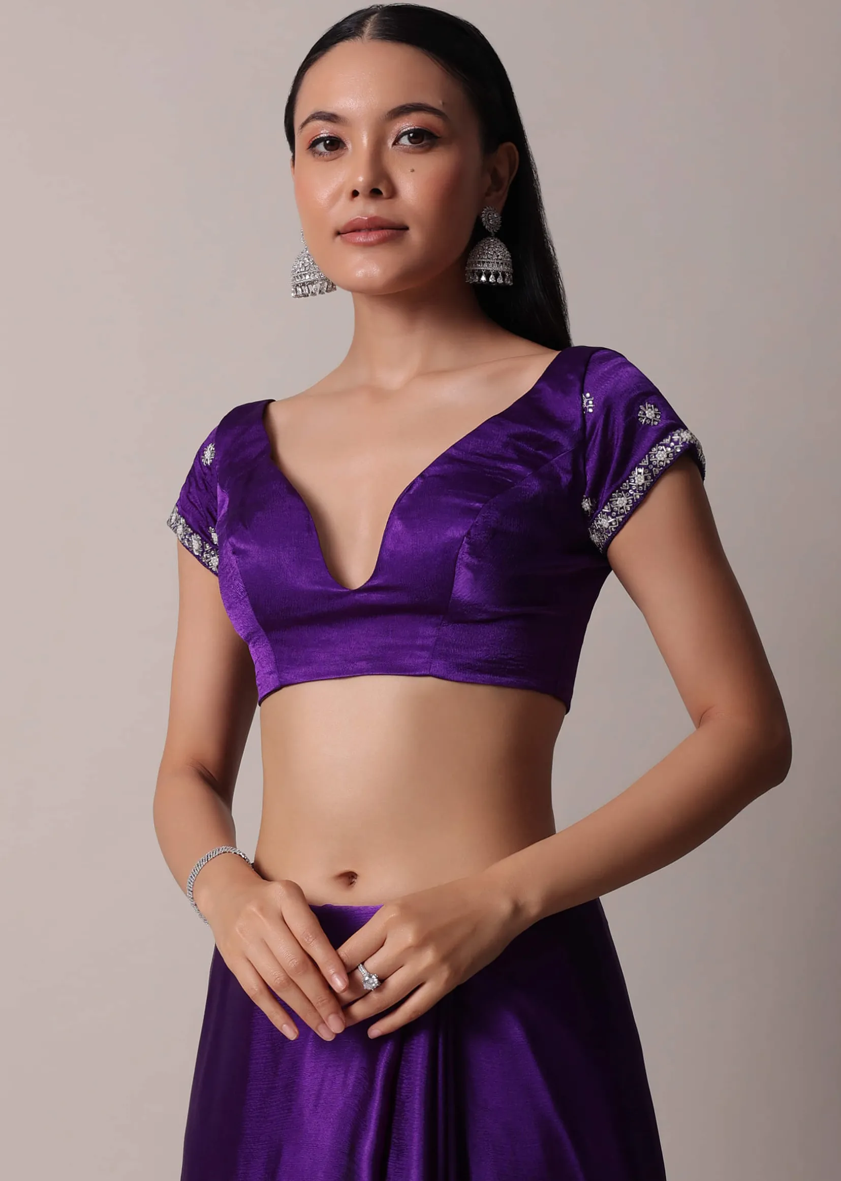 Purple Satin Chinon Saree With Stone Embellishments And Unstitched Blouse Piece