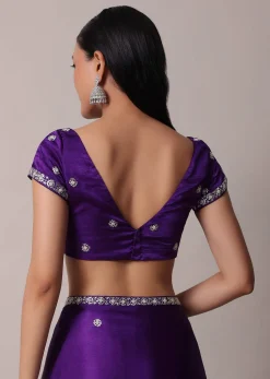 Purple Satin Chinon Saree With Stone Embellishments And Unstitched Blouse Piece