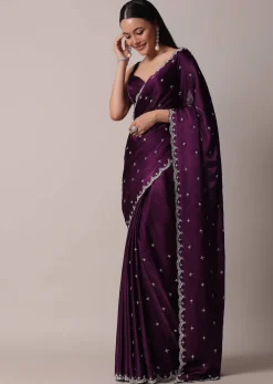 Purple Satin Chinon Saree With Stone Work And Unstitched Blouse Piece