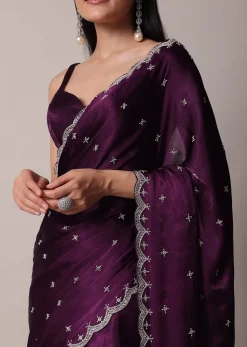 Purple Satin Chinon Saree With Stone Work And Unstitched Blouse Piece
