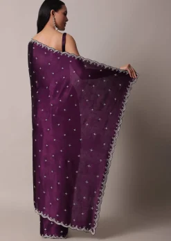 Purple Satin Chinon Saree With Stone Work And Unstitched Blouse Piece