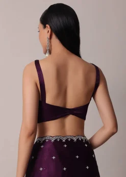 Purple Satin Chinon Saree With Stone Work And Unstitched Blouse Piece