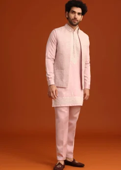 Purple Satin Embroidered Jacket Kurta Set