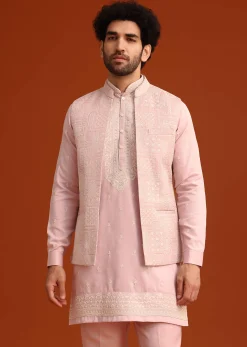 Purple Satin Embroidered Jacket Kurta Set