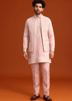 Purple Satin Embroidered Jacket Kurta Set