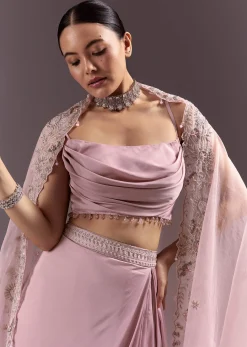 Purple Satin Indowestern Skirt With Fancy Net Blouse And Cape