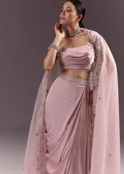 Purple Satin Indowestern Skirt With Fancy Net Blouse And Cape