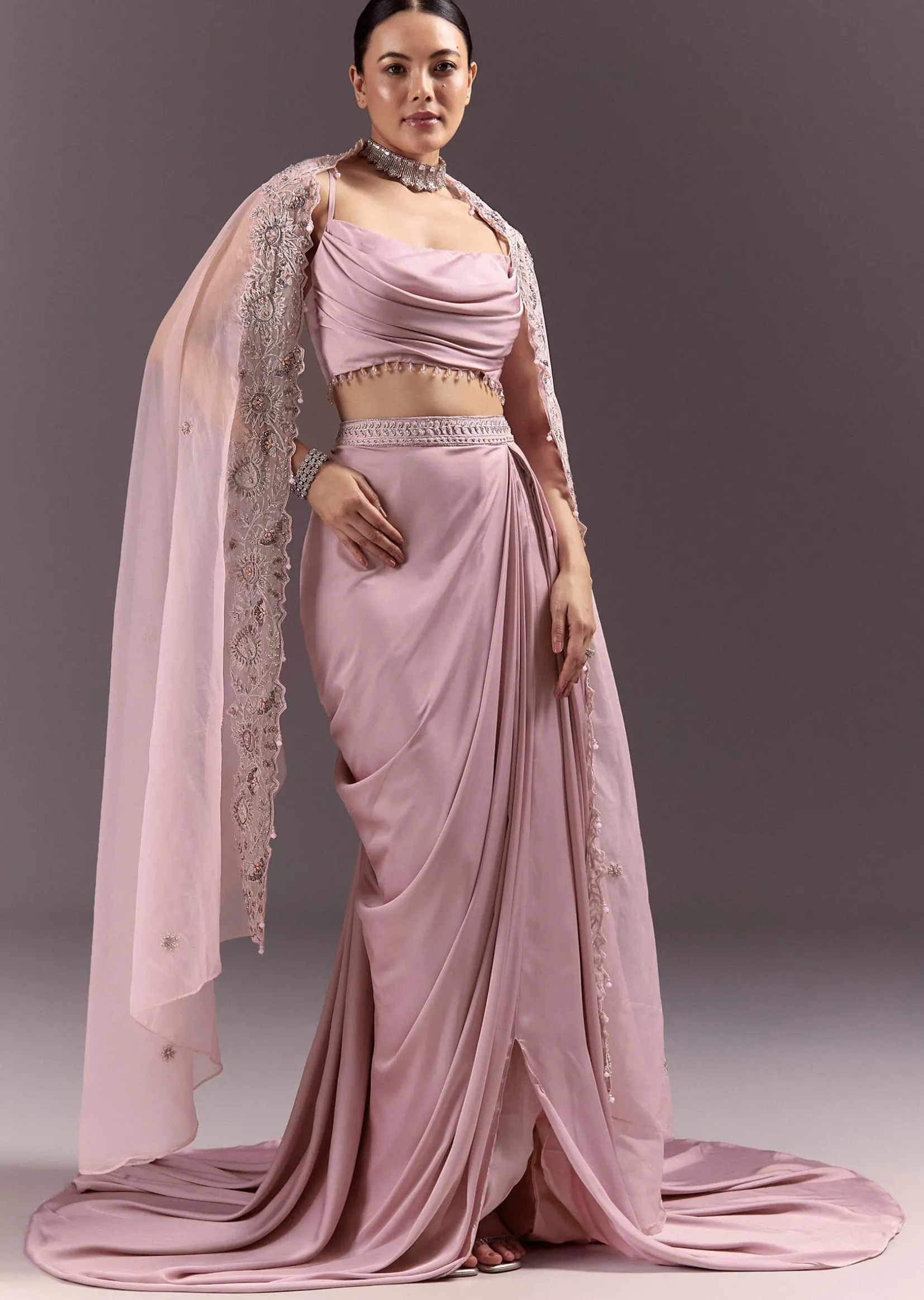 Purple Satin Indowestern Skirt With Fancy Net Blouse And Cape