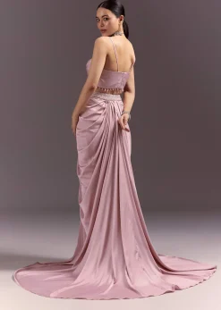 Purple Satin Indowestern Skirt With Fancy Net Blouse And Cape