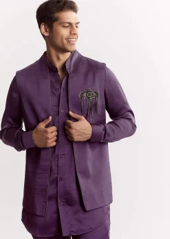 Purple Satin Jacket Kurta Set With Metal Embellishment