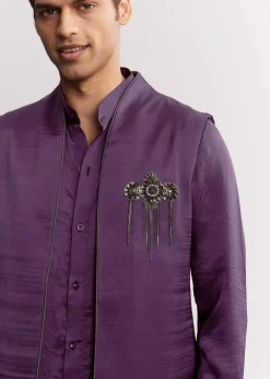 Purple Satin Jacket Kurta Set With Metal Embellishment