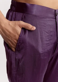 Purple Satin Jacket Kurta Set With Metal Embellishment