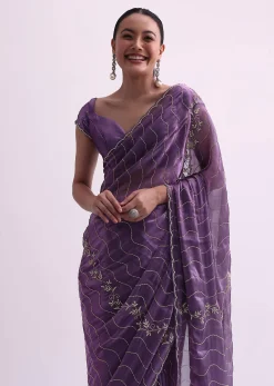 Purple Satin Saree With Cutdana Embellishment And Unstitched Blouse Fabric
