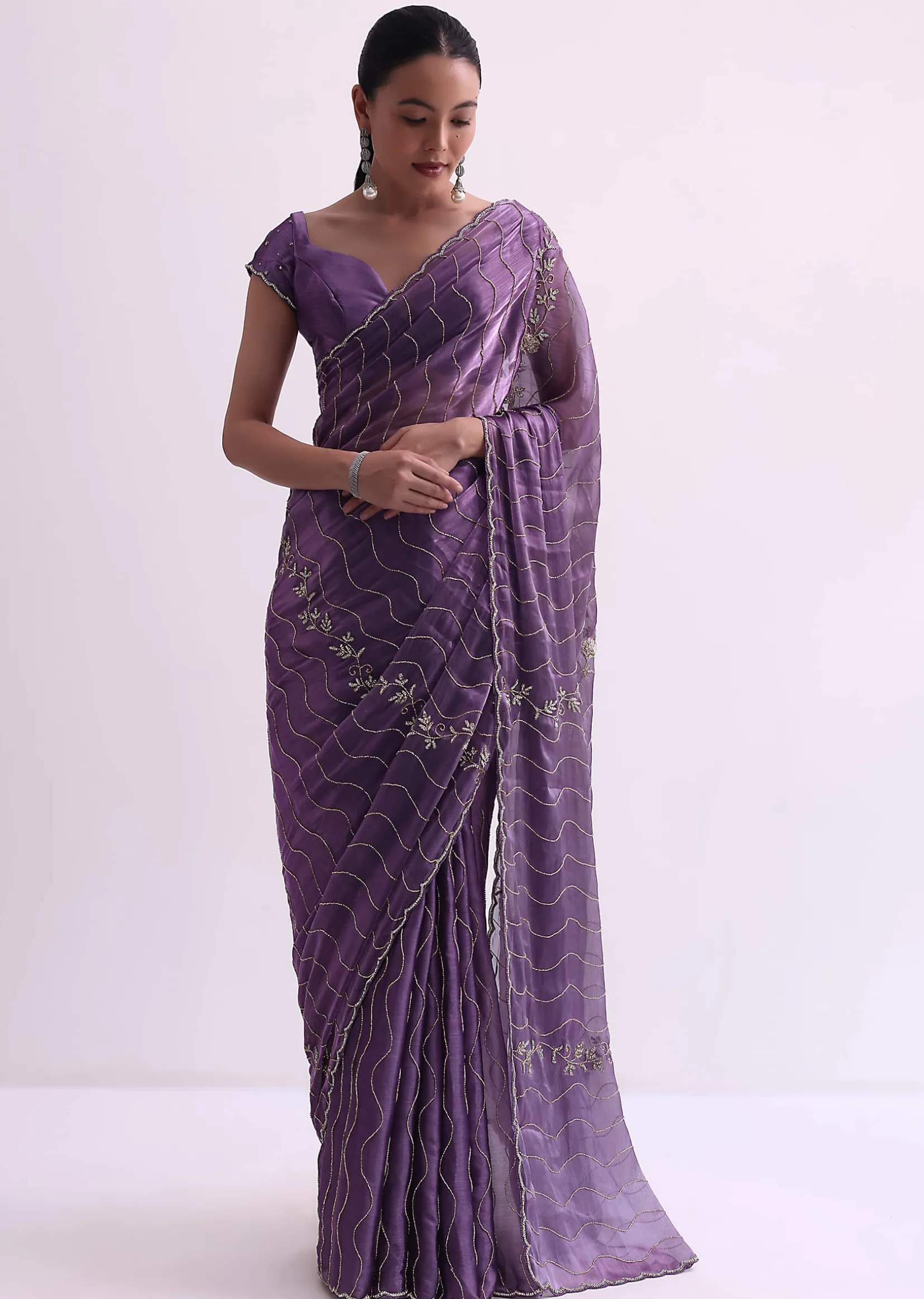 Purple Satin Saree With Cutdana Embellishment And Unstitched Blouse Fabric
