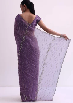 Purple Satin Saree With Cutdana Embellishment And Unstitched Blouse Fabric