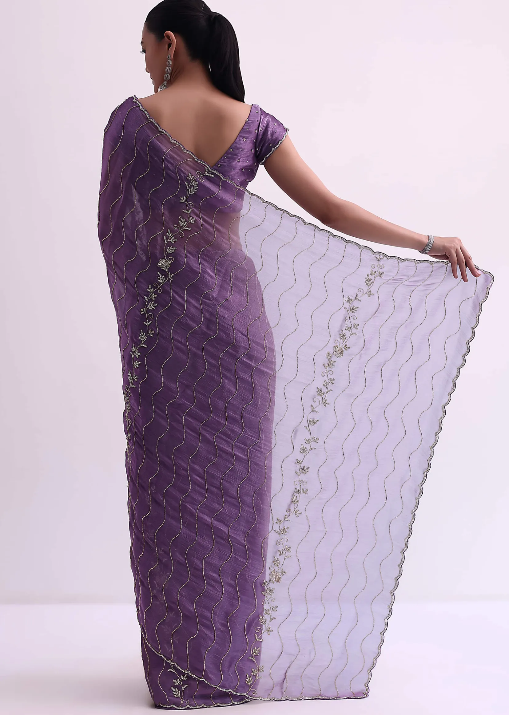 Purple Satin Saree With Cutdana Embellishment And Unstitched Blouse Fabric