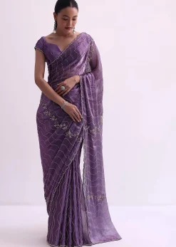 Purple Satin Saree With Cutdana Embellishment And Unstitched Blouse Fabric