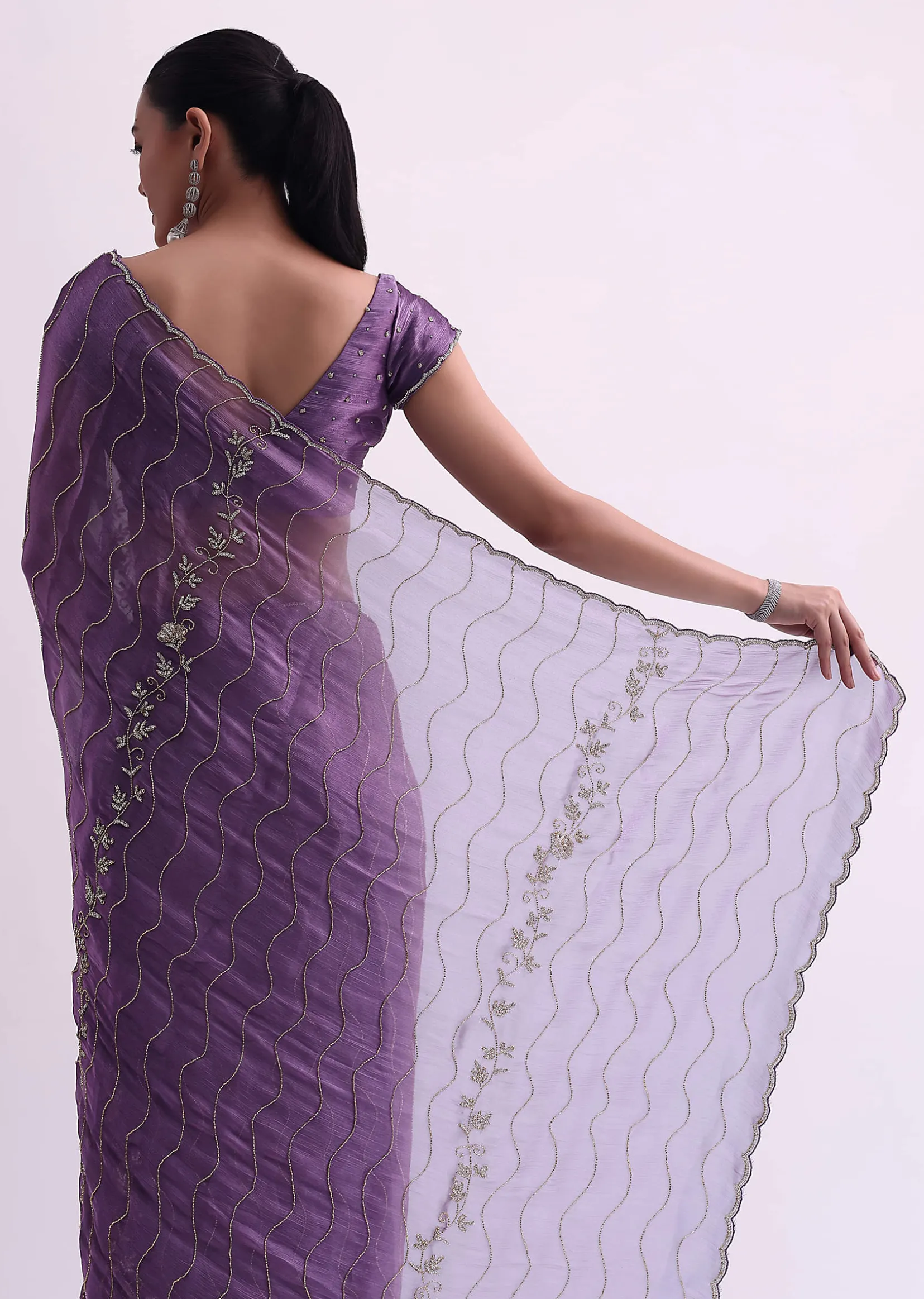 Purple Satin Saree With Cutdana Embellishment And Unstitched Blouse Fabric