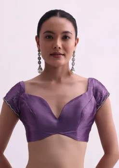 Purple Satin Saree With Cutdana Embellishment And Unstitched Blouse Fabric