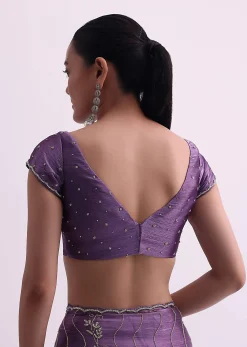 Purple Satin Saree With Cutdana Embellishment And Unstitched Blouse Fabric