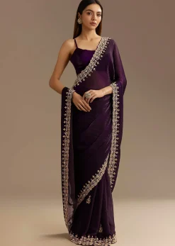 Purple Satin Saree With Gotapatti Work And Scallop Border
