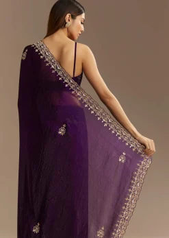 Purple Satin Saree With Gotapatti Work And Scallop Border