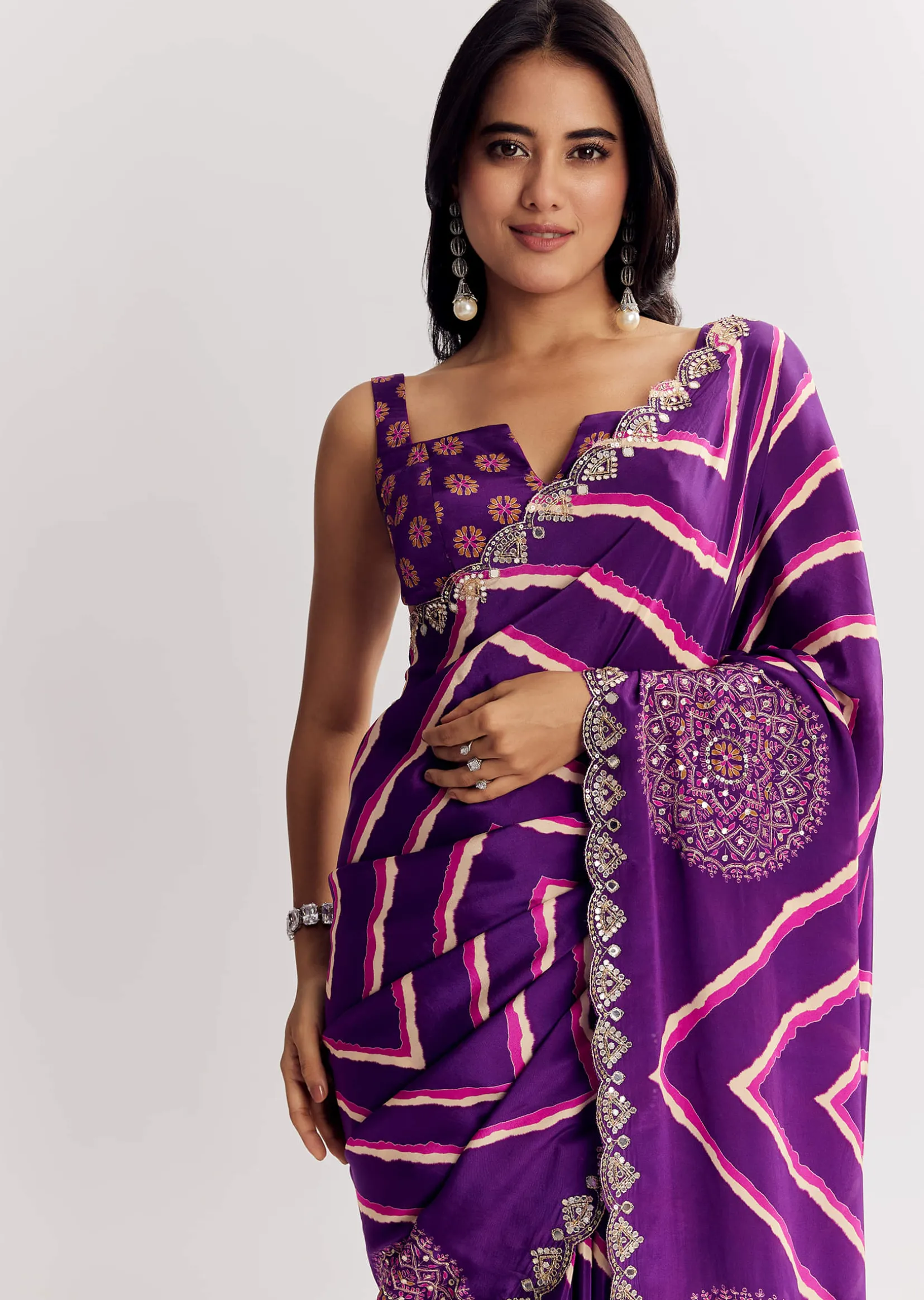 Purple Satin Saree With Gota And Mirror Embroidery