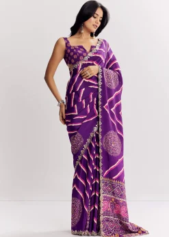 Purple Satin Saree With Gota And Mirror Embroidery
