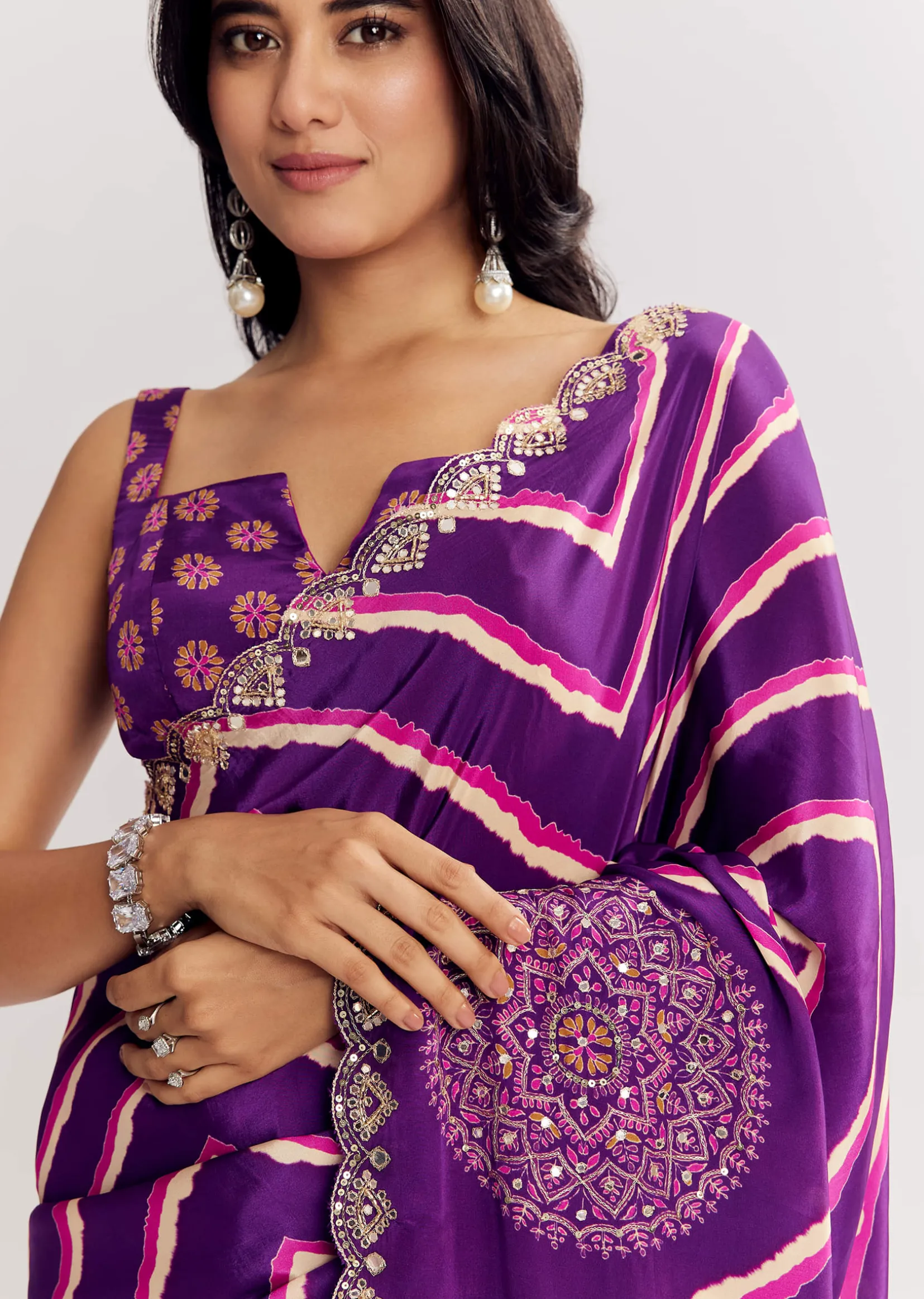 Purple Satin Saree With Gota And Mirror Embroidery