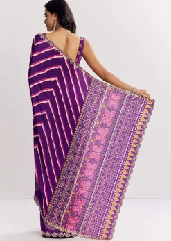 Purple Satin Saree With Gota And Mirror Embroidery