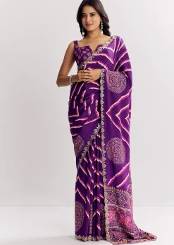 Purple Satin Saree With Gota And Mirror Embroidery