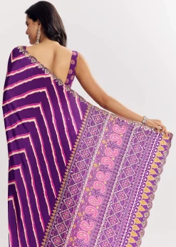 Purple Satin Saree With Gota And Mirror Embroidery