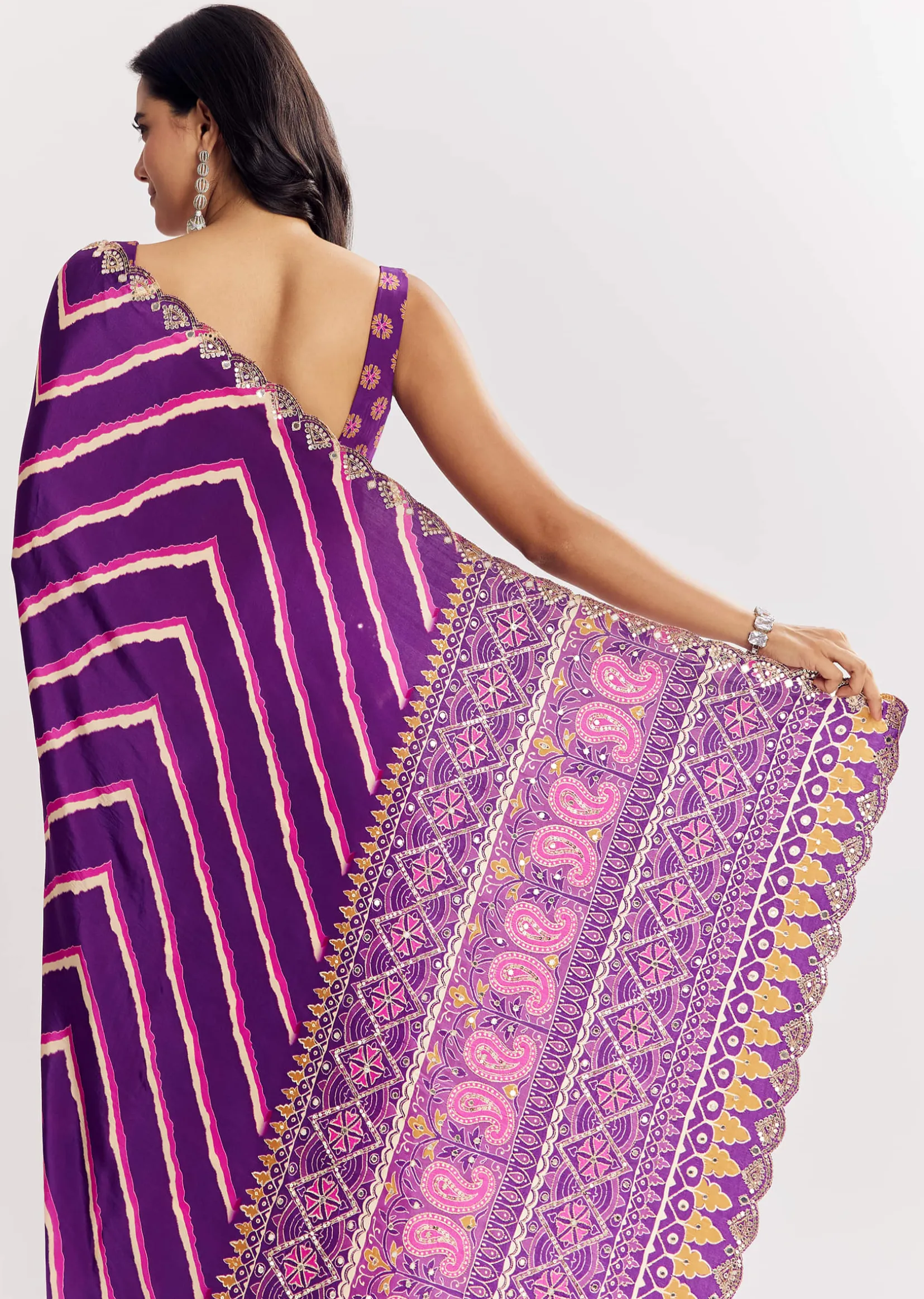 Purple Satin Saree With Gota And Mirror Embroidery