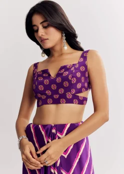 Purple Satin Saree With Gota And Mirror Embroidery