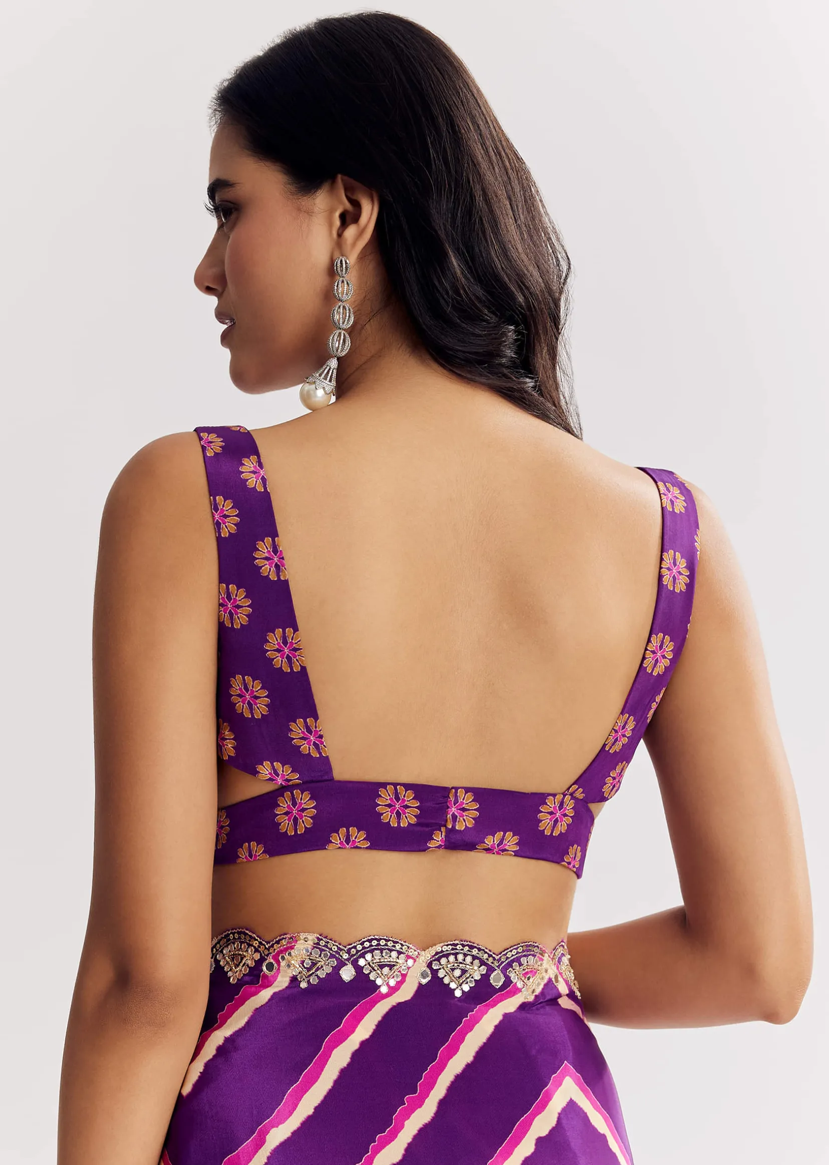 Purple Satin Saree With Gota And Mirror Embroidery