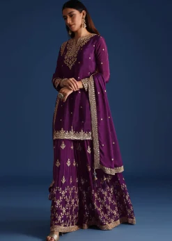 Purple Sequin Embellished Kurta And Palazzo Set