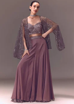Purple Sequin Embellished Jacket And Palazzo Set