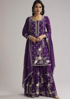 Purple Sequin Embroidered Palazzo Set With Dupatta