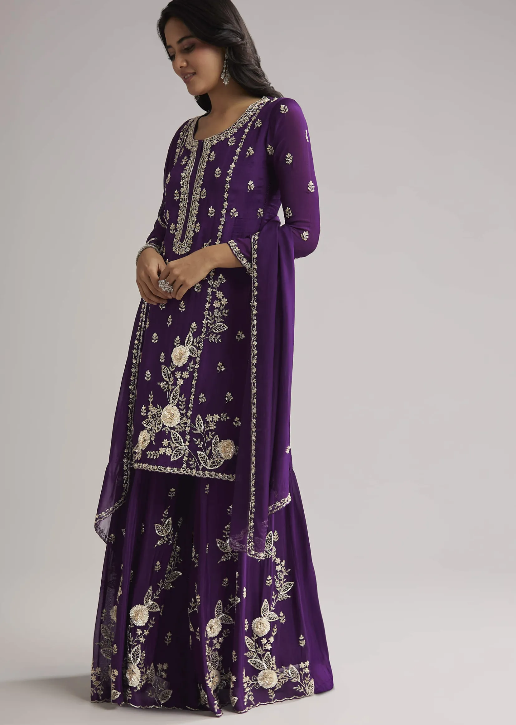 Purple Sequin Embroidered Palazzo Set With Dupatta