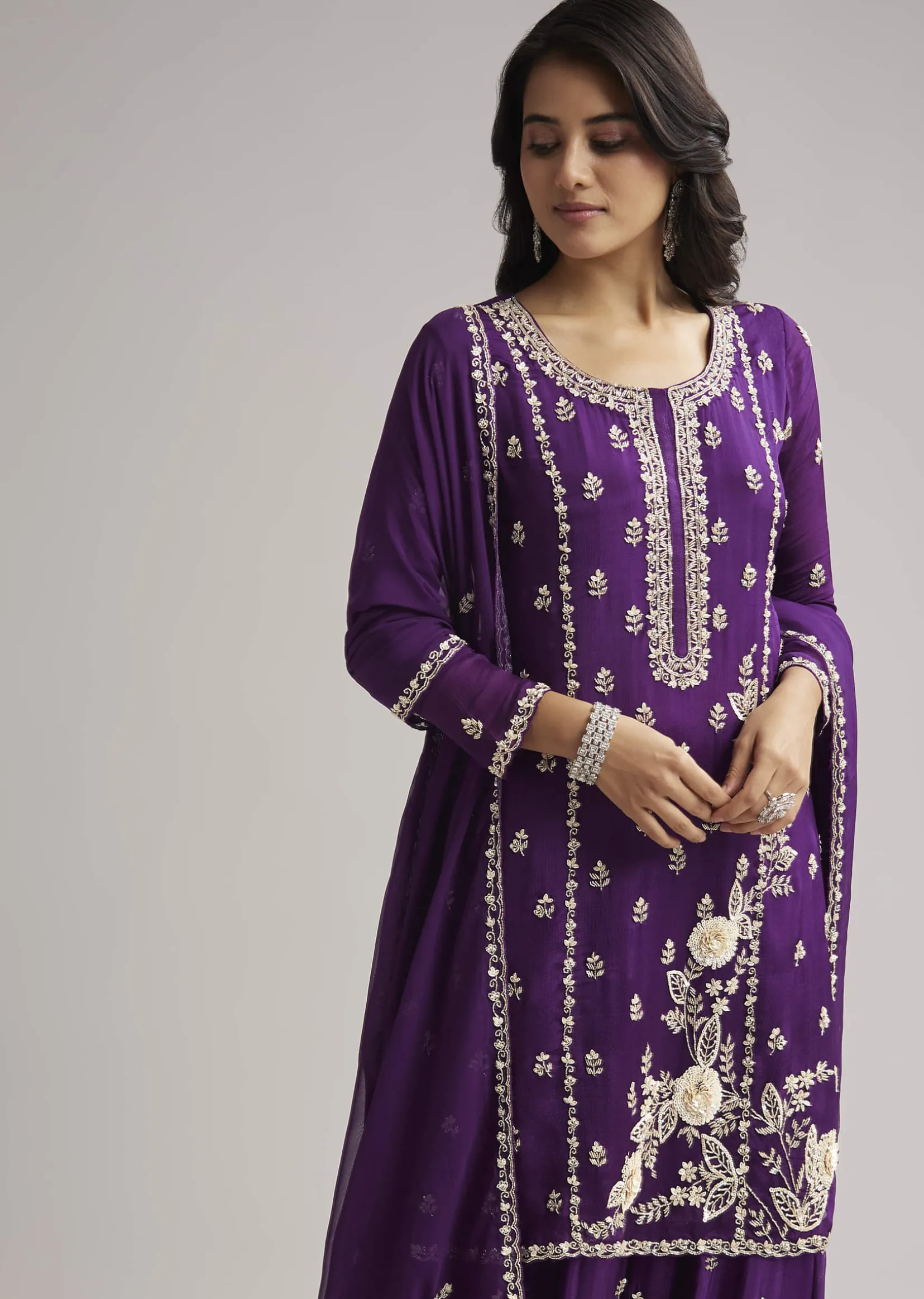 Purple Sequin Embroidered Palazzo Set With Dupatta