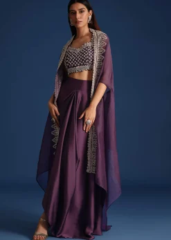Purple Sequin Work Crop Top With Jacket And Draped Skirt